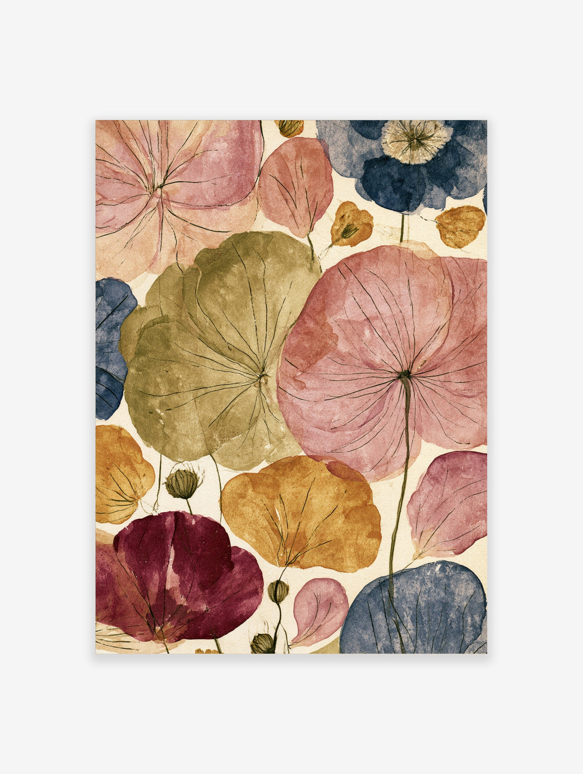Watercolour poppy seed heads in pink, green, and blue with fine line details on cream background