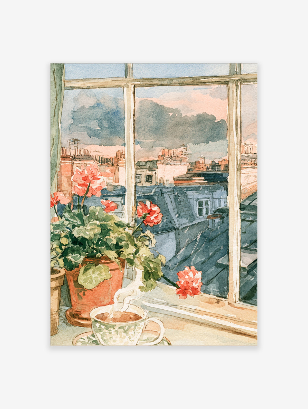 Watercolour art print of red geraniums on a windowsill with a cup and rooftop city view