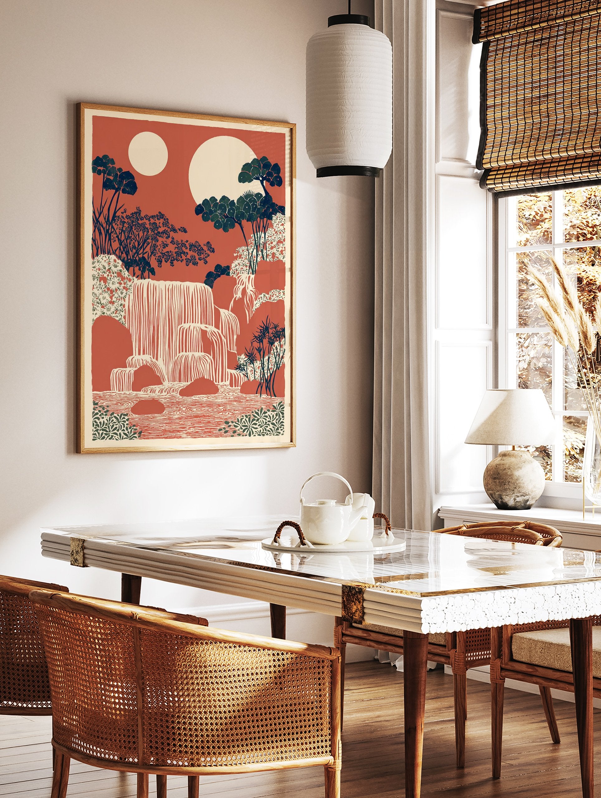 Japanese-style waterfall art print with cascading water, lush trees, and two moons against a reddish-orange sky. - Image 2