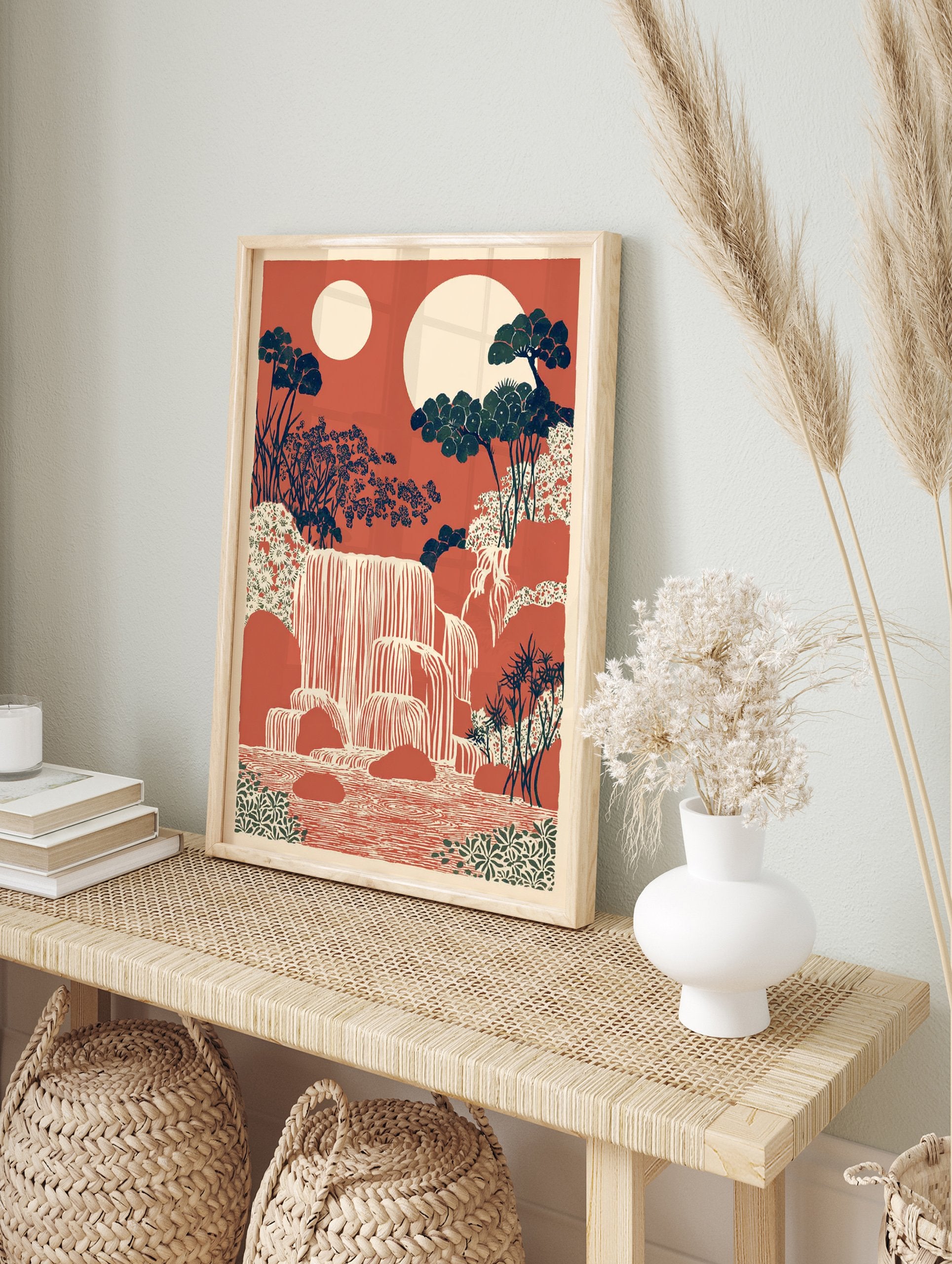 Japanese-style waterfall art print with cascading water, lush trees, and two moons against a reddish-orange sky. - Image 3