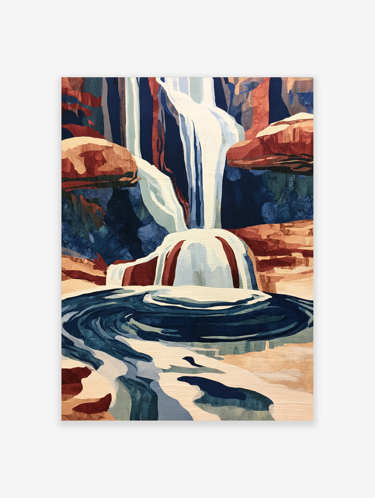 Illustrative waterfall print with cascading water and red rock canyon landscape, blue and terracotta colour palette