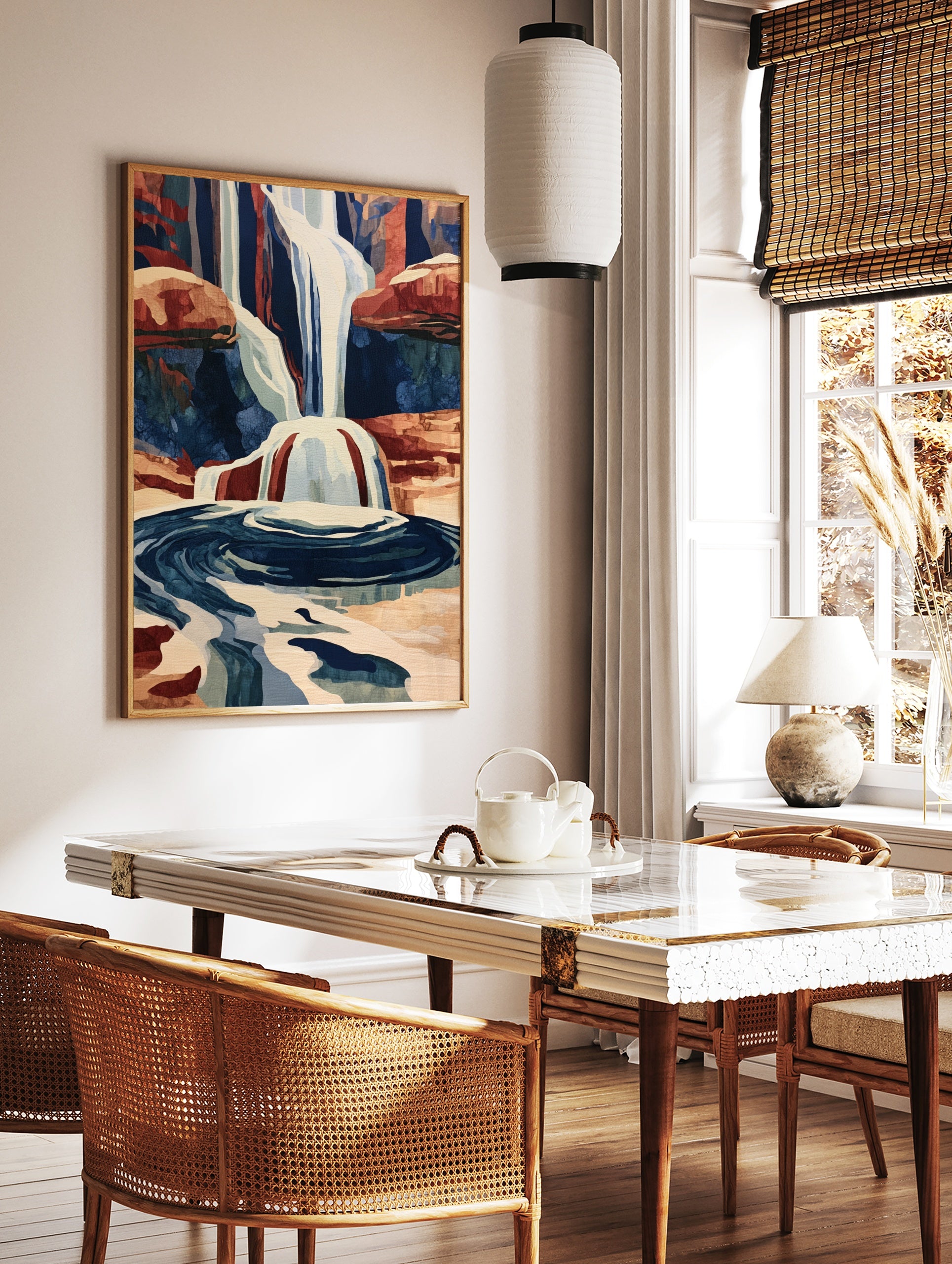 Illustrative waterfall print with cascading water and red rock canyon landscape, blue and, in a styled room mockup