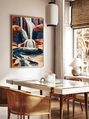 Illustrative waterfall print with cascading water and red rock canyon landscape, blue and, in a styled room mockup