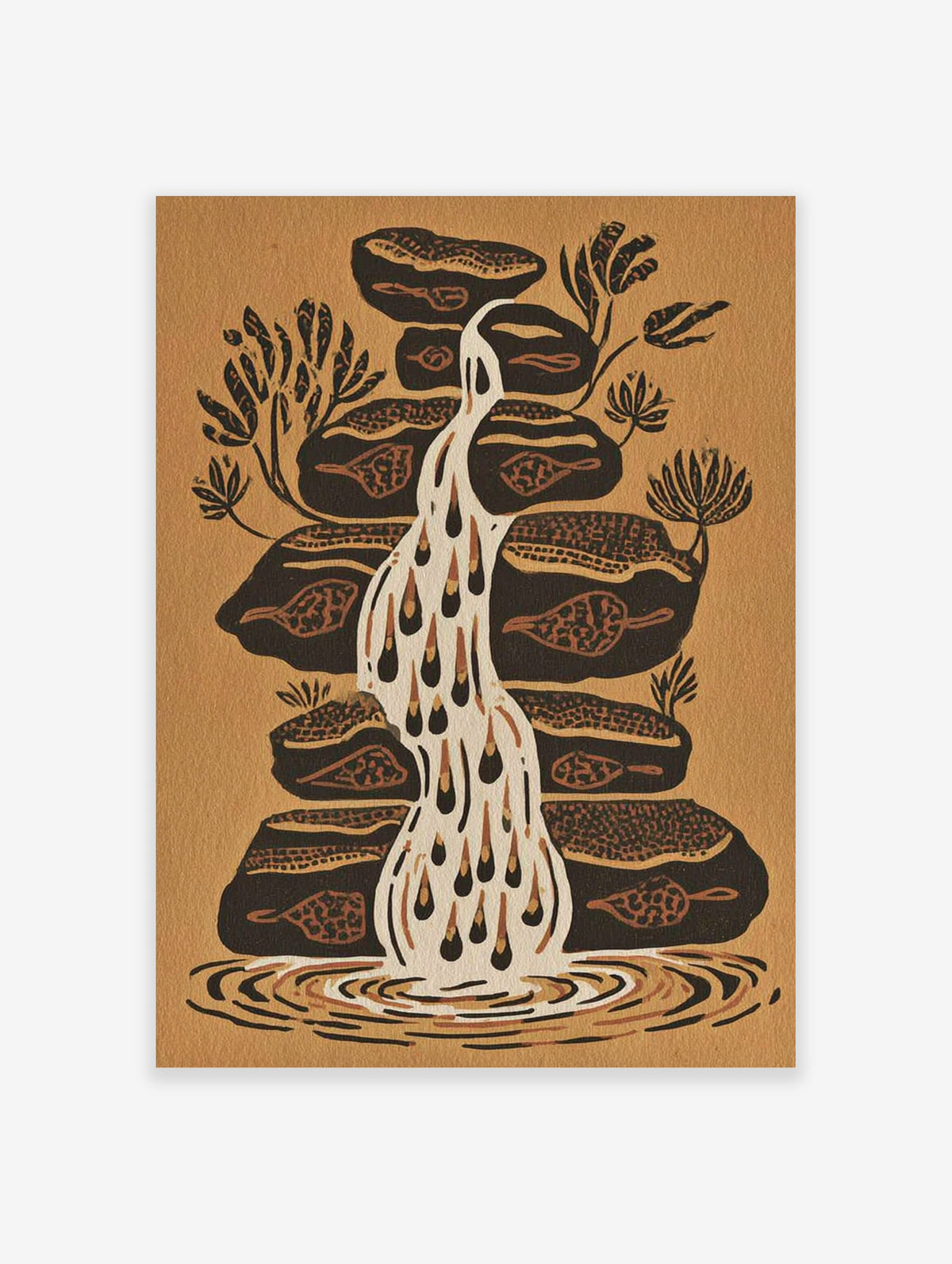 Stylised waterfall poster with black rocks, beige background, and leaf motifs in earthy tones
