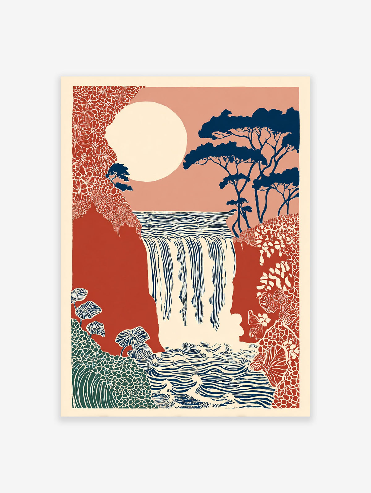 Stylized waterfall wall art print with a large moon, dark blue trees, red cliffs, and patterned foliage in a natural landscape.