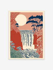 Stylized waterfall wall art print with a large moon, dark blue trees, red cliffs, and patterned foliage in a natural landscape.