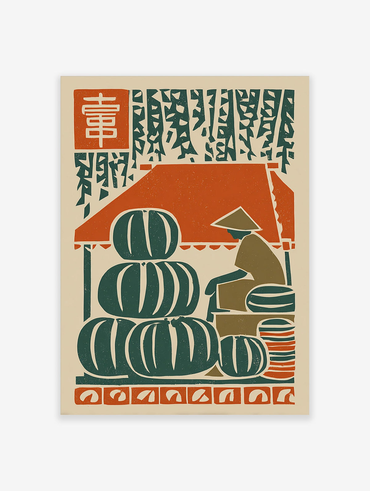 Woodcut style art print of a market with stacked green watermelons, a vendor, and red kanji characters