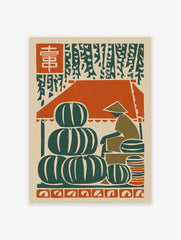 Woodcut style art print of a market with stacked green watermelons, a vendor, and red kanji characters