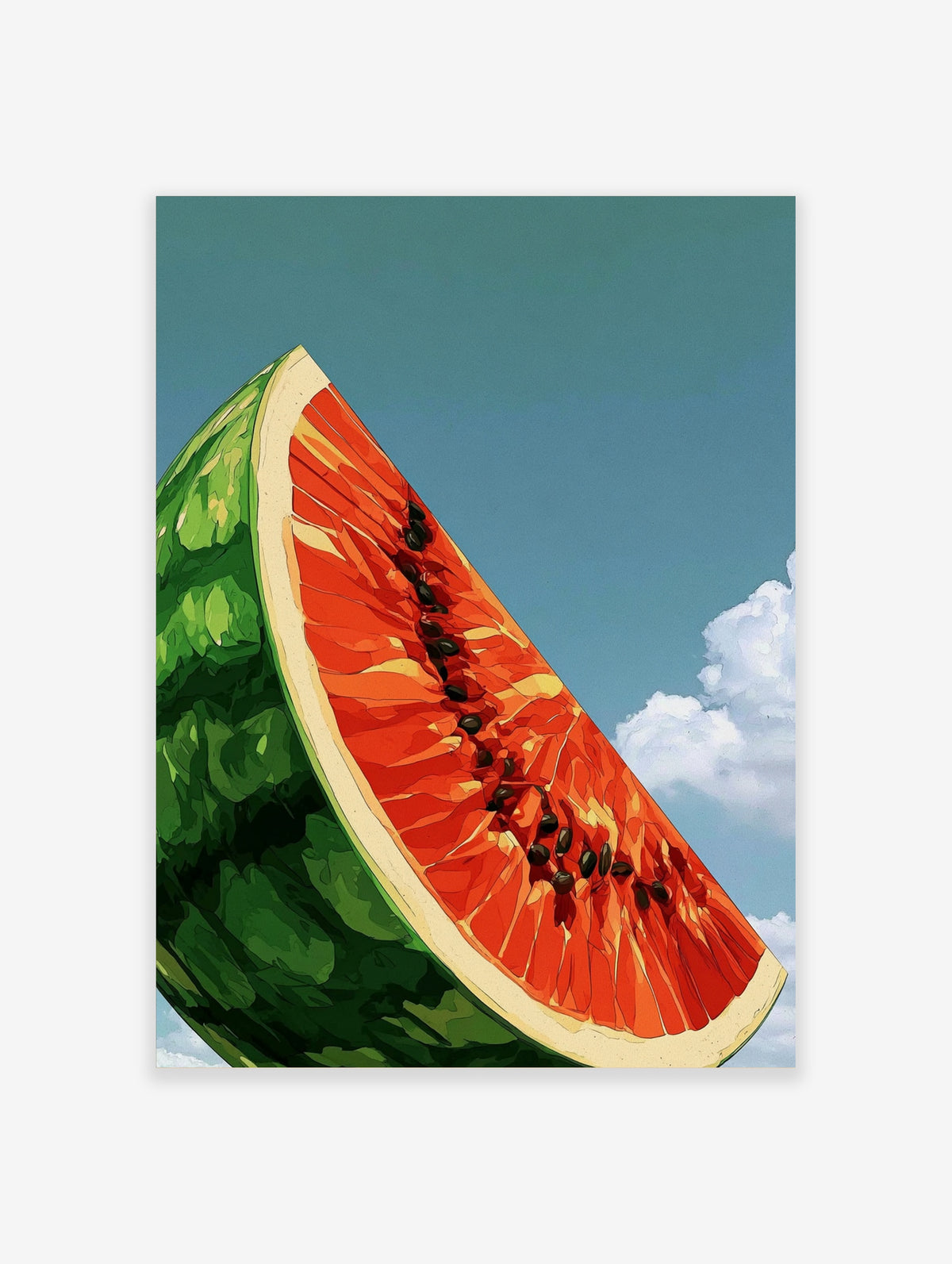 Watermelon slice poster with red flesh, black seeds, green rind, and blue sky