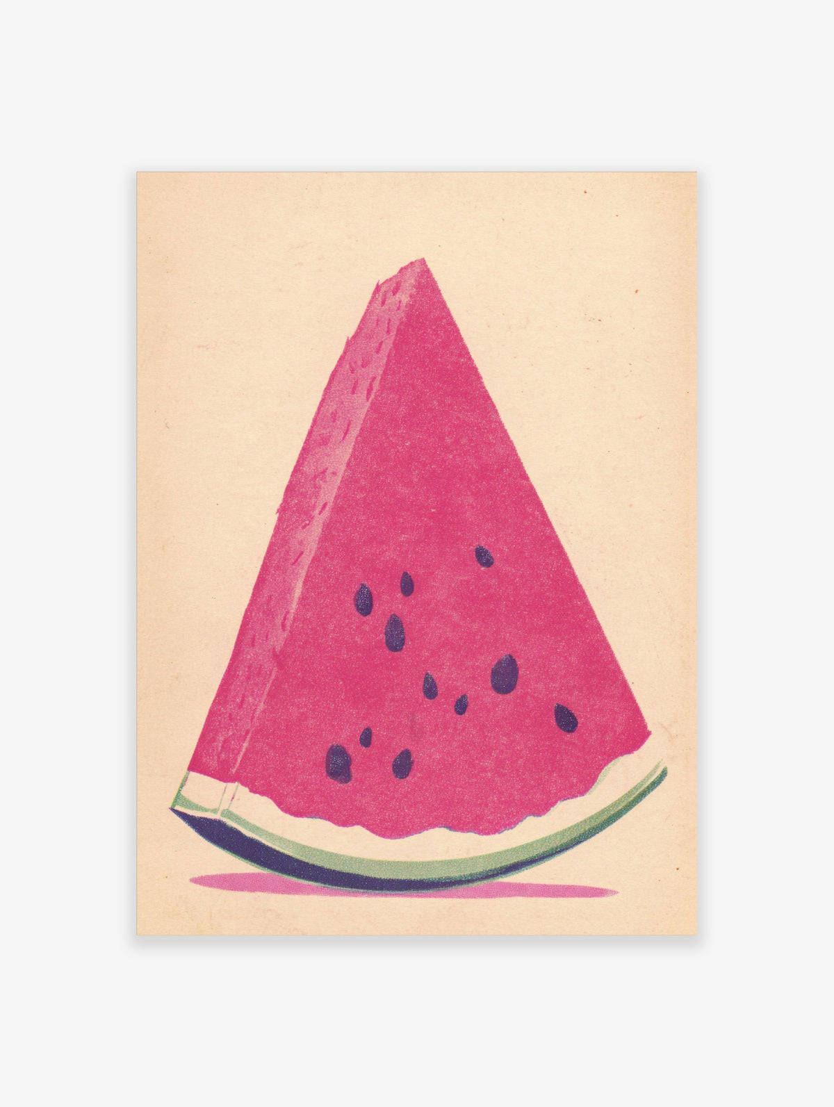 Pink watermelon slice print with black seeds and green rind on cream background
