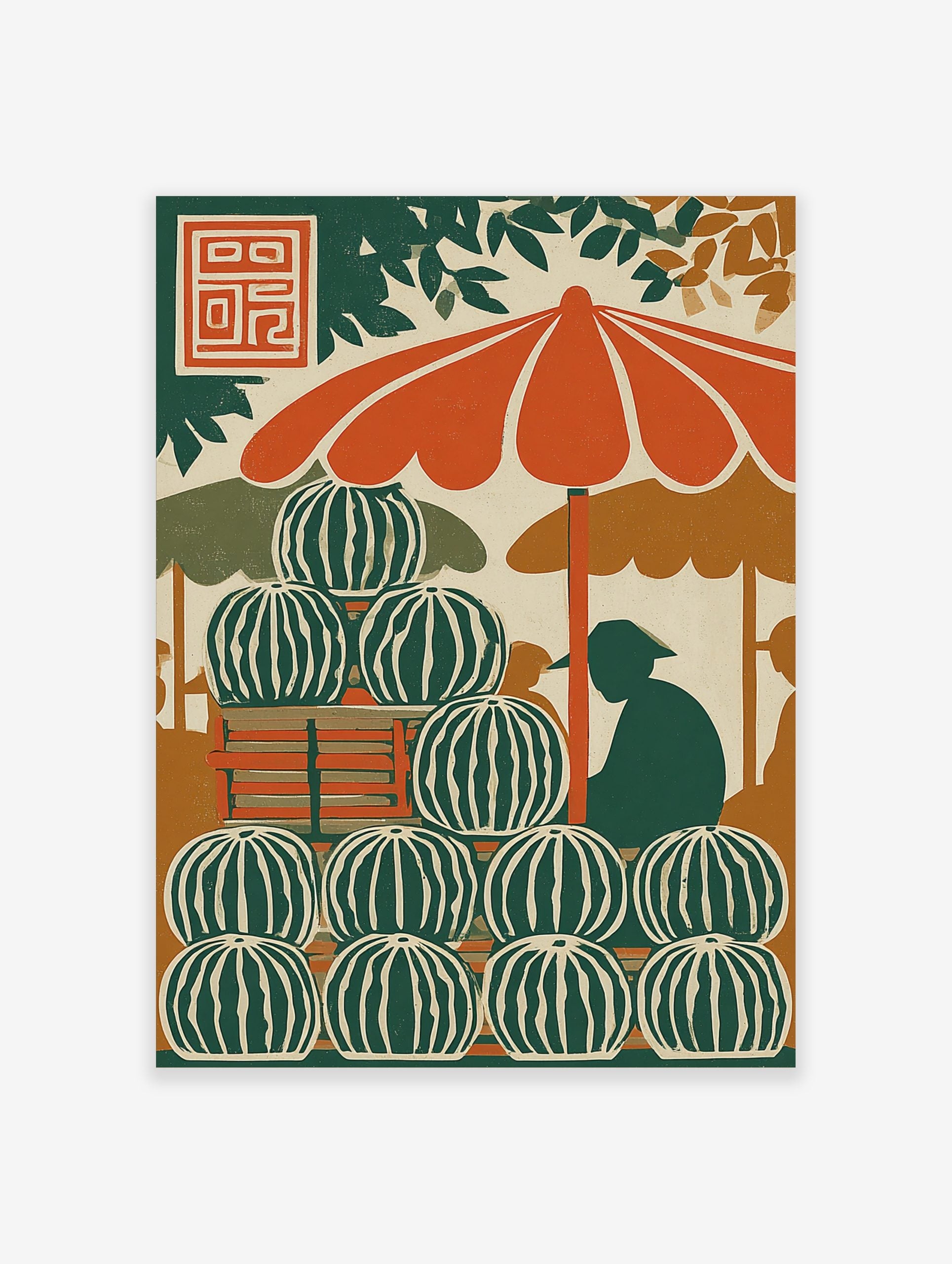 Illustrative print of a watermelon stand with stacked fruit, orange umbrella, and vendor silhouette
