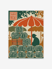 Illustrative print of a watermelon stand with stacked fruit, orange umbrella, and vendor silhouette
