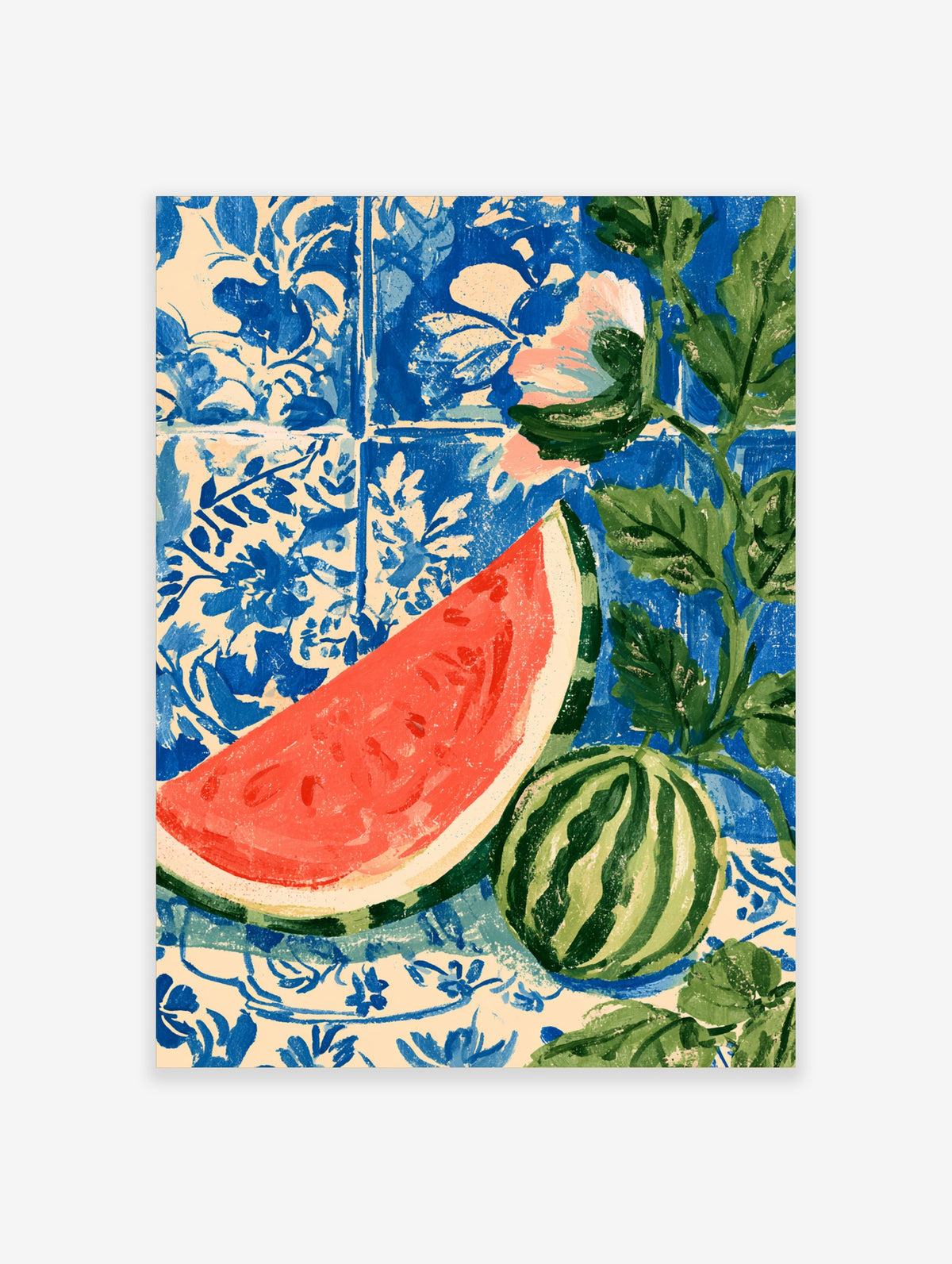 Watermelon slice and whole melon with green leaves on blue tile background art print