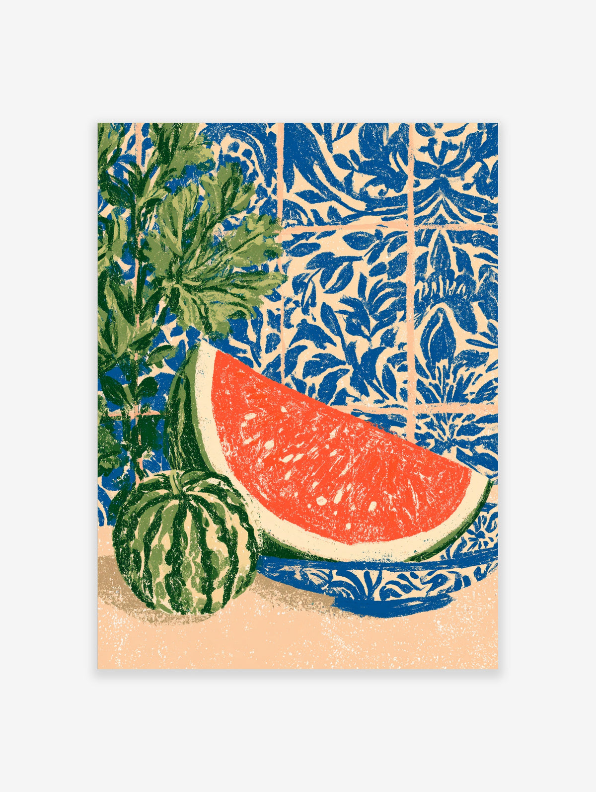 Watermelon slice and whole melon with green leaves on blue tile pattern art print