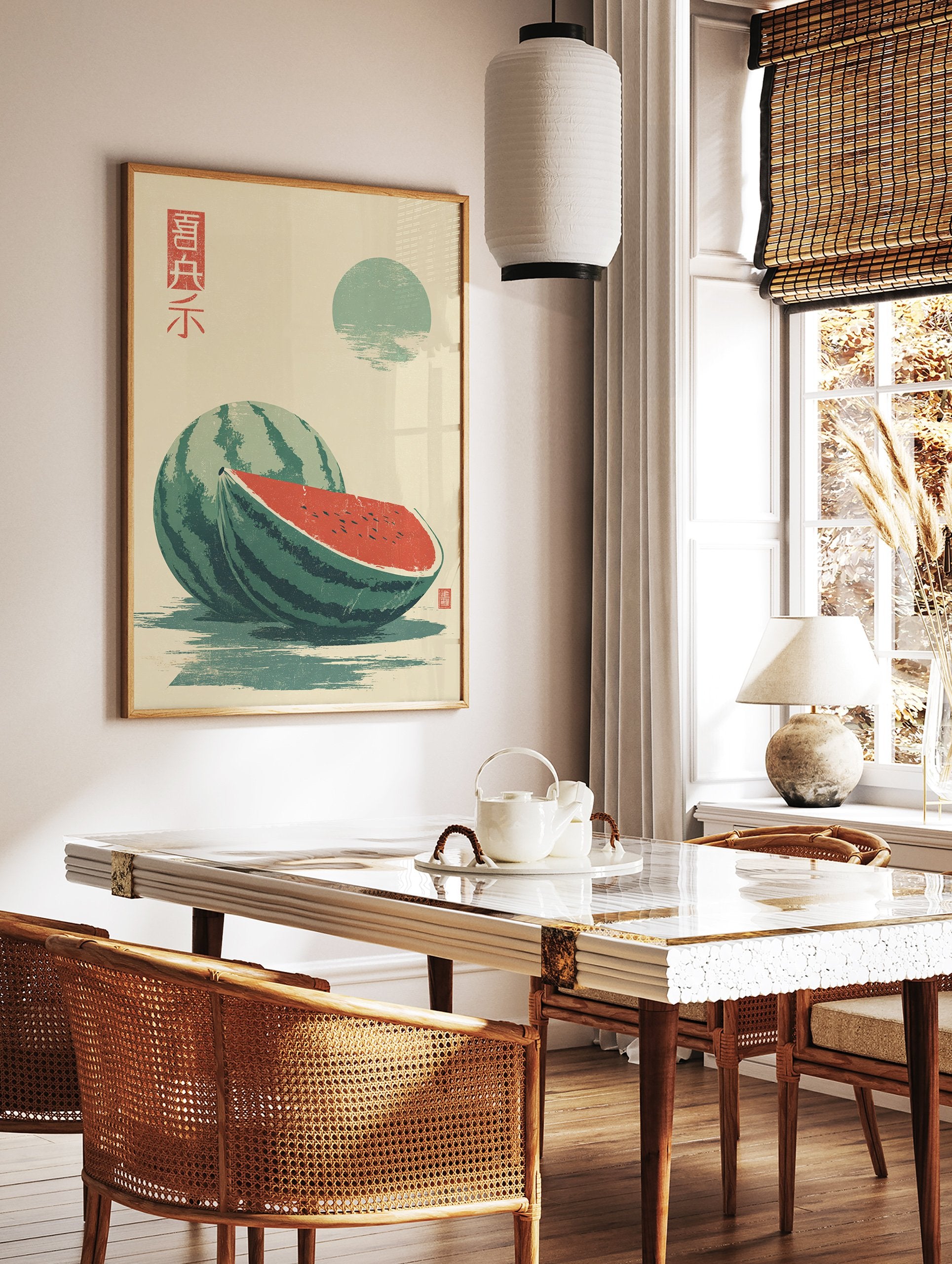 Japanese style watermelon wall art print with whole and sliced watermelon, sun, and water reflection. - Image 3