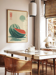 Japanese style watermelon wall art print with whole and sliced watermelon, sun, and water reflection. - Image 3