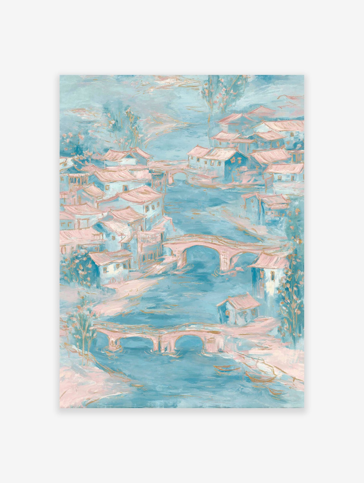 Impressionistic waterside village art with blue rivers, pink-roofed houses, and arched bridges in soft pastel colors.