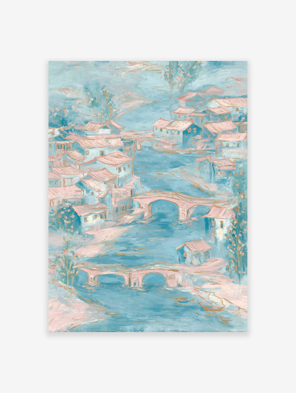 Impressionistic waterside village art with blue rivers, pink-roofed houses, and arched bridges in soft pastel colors.