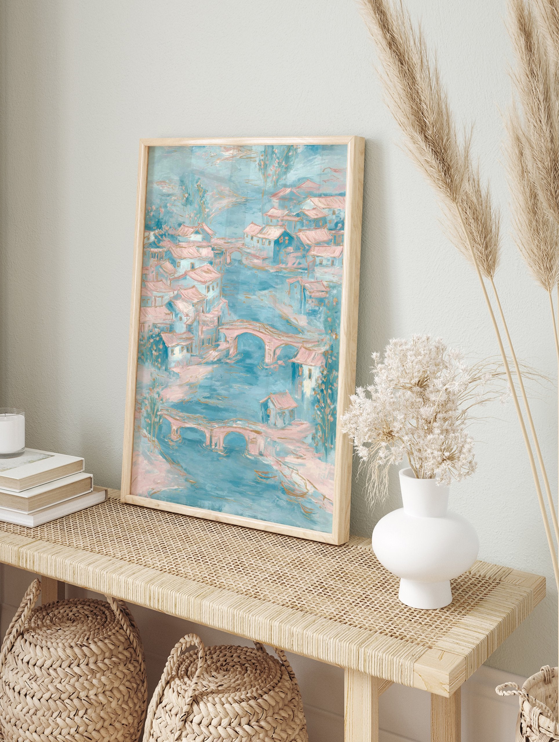 Impressionistic waterside village art with blue rivers, pink-roofed houses, and arched bridges in soft pastel colors. - Image 3