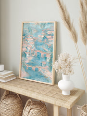 Impressionistic waterside village art with blue rivers, pink-roofed houses, and arched bridges in soft pastel colors. - Image 3