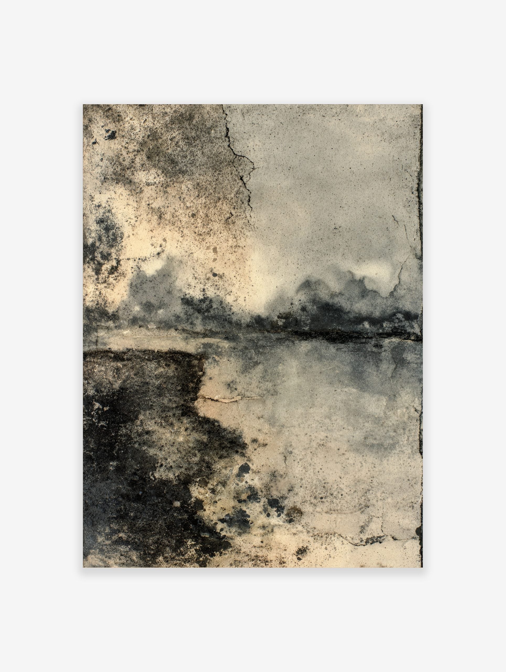 Distressed weathered wall texture art print with dark stains, cracks, and a beige-grey grunge palette