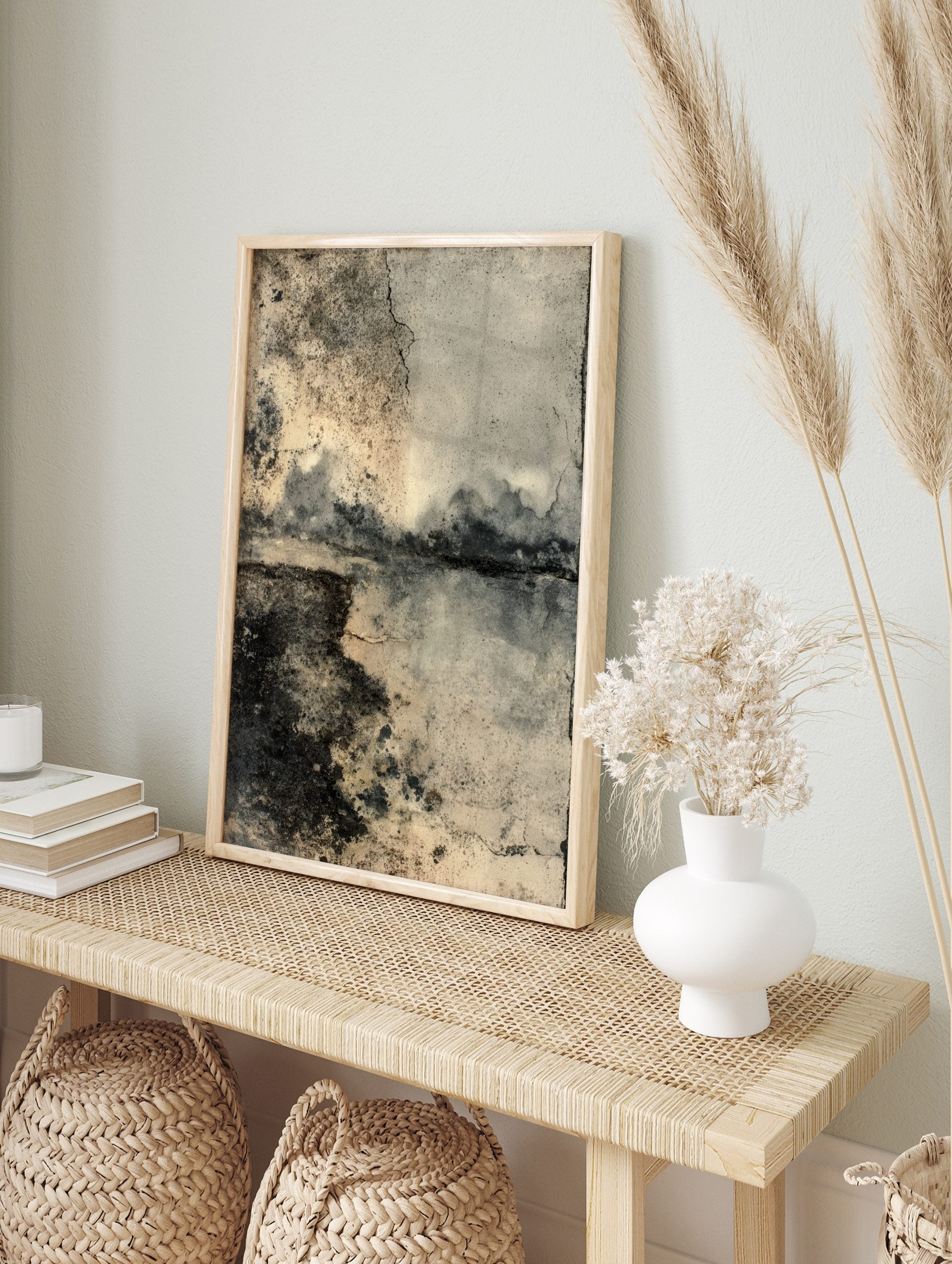 Distressed weathered wall texture art print with dark stains, cracks, and a beige-grey grunge, in an alternate framed mockup