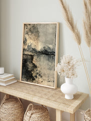 Distressed weathered wall texture art print with dark stains, cracks, and a beige-grey grunge, in an alternate framed mockup