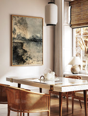 Distressed weathered wall texture art print with dark stains, cracks, and a beige-grey grunge, in a styled room mockup
