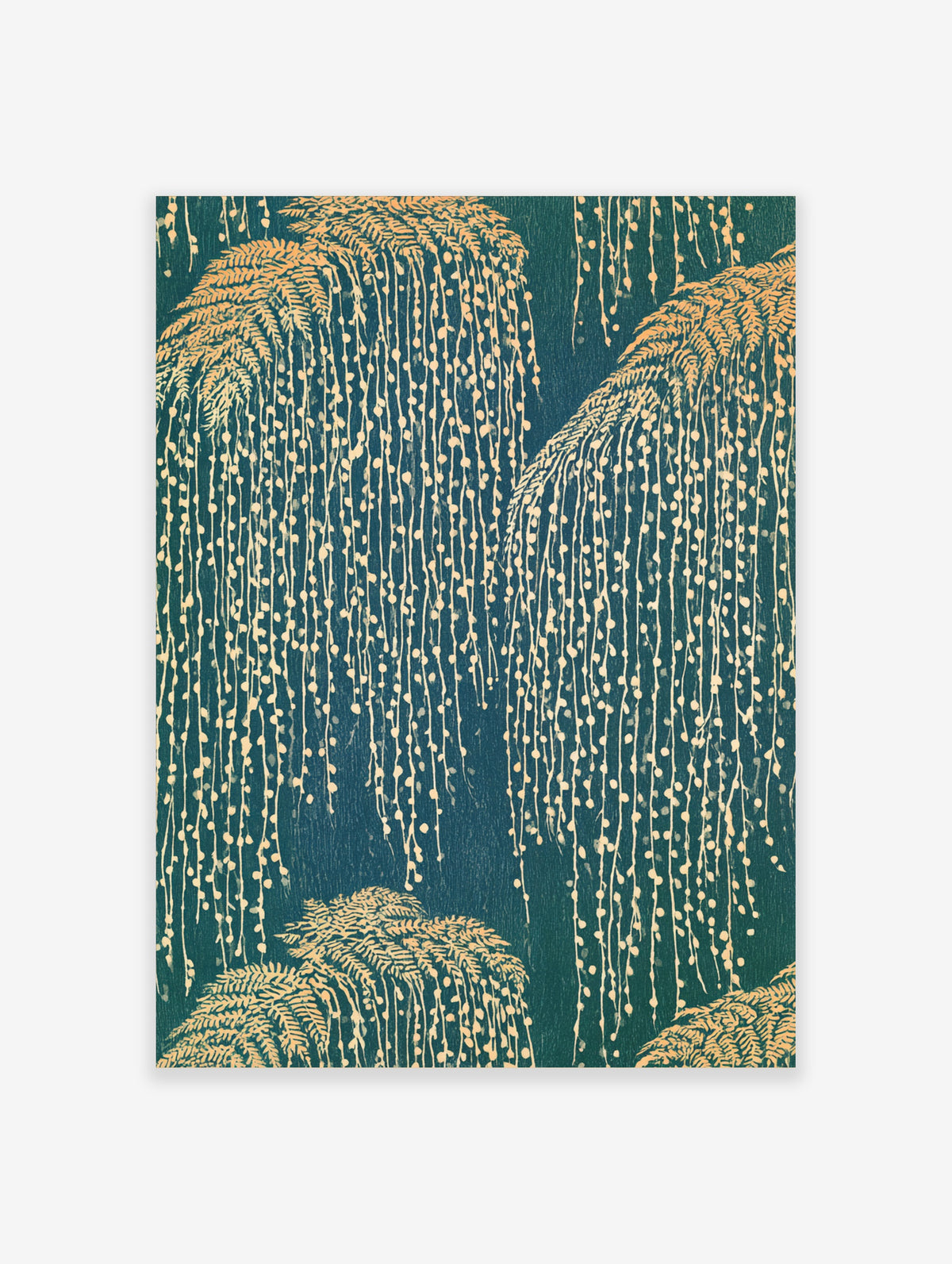 Weeping willow tree poster with gold and cream branches on a deep green background