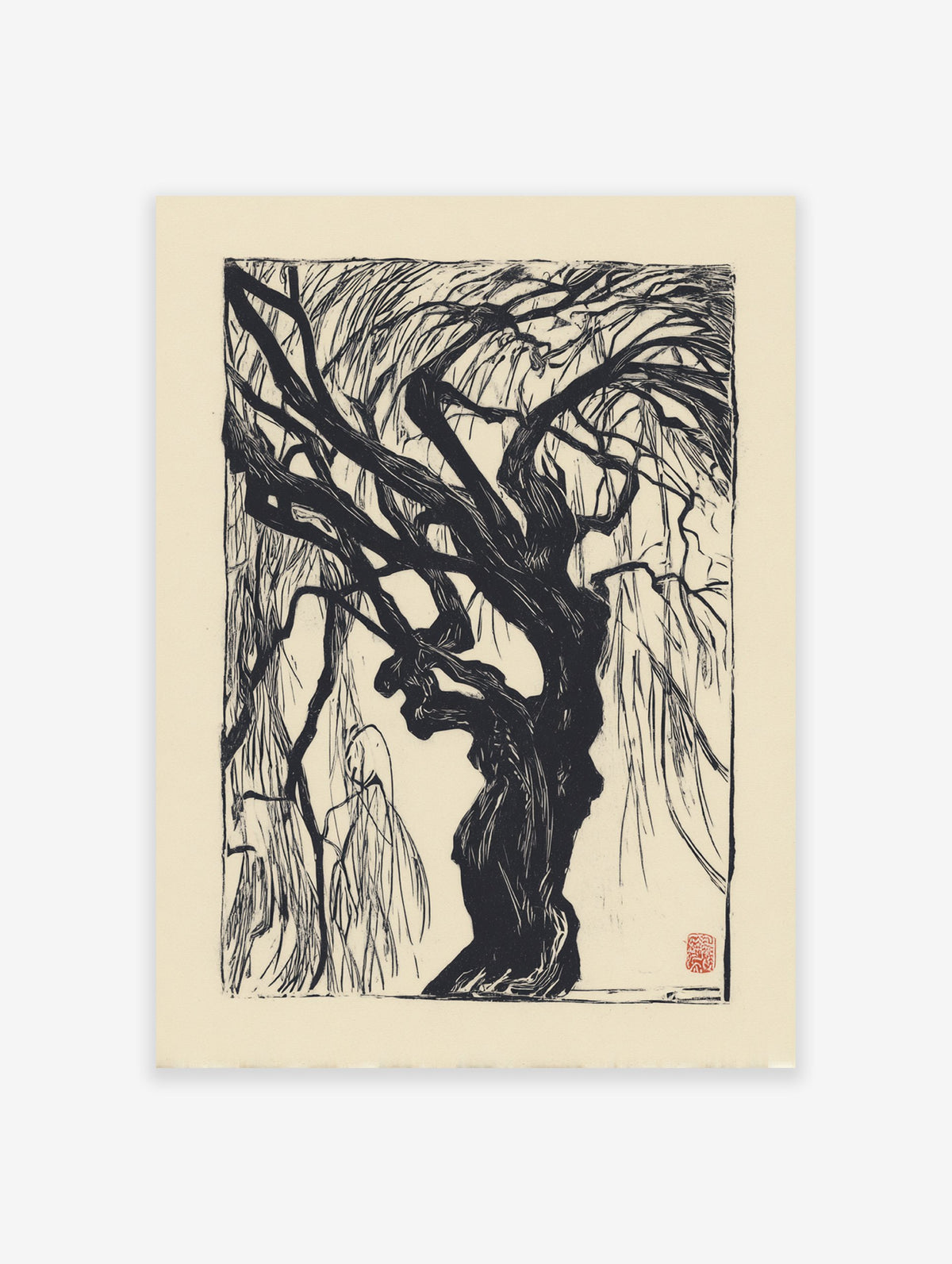 Black and white woodcut print of a gnarled weeping willow tree. Dramatic botanical tree wall art on a light background.