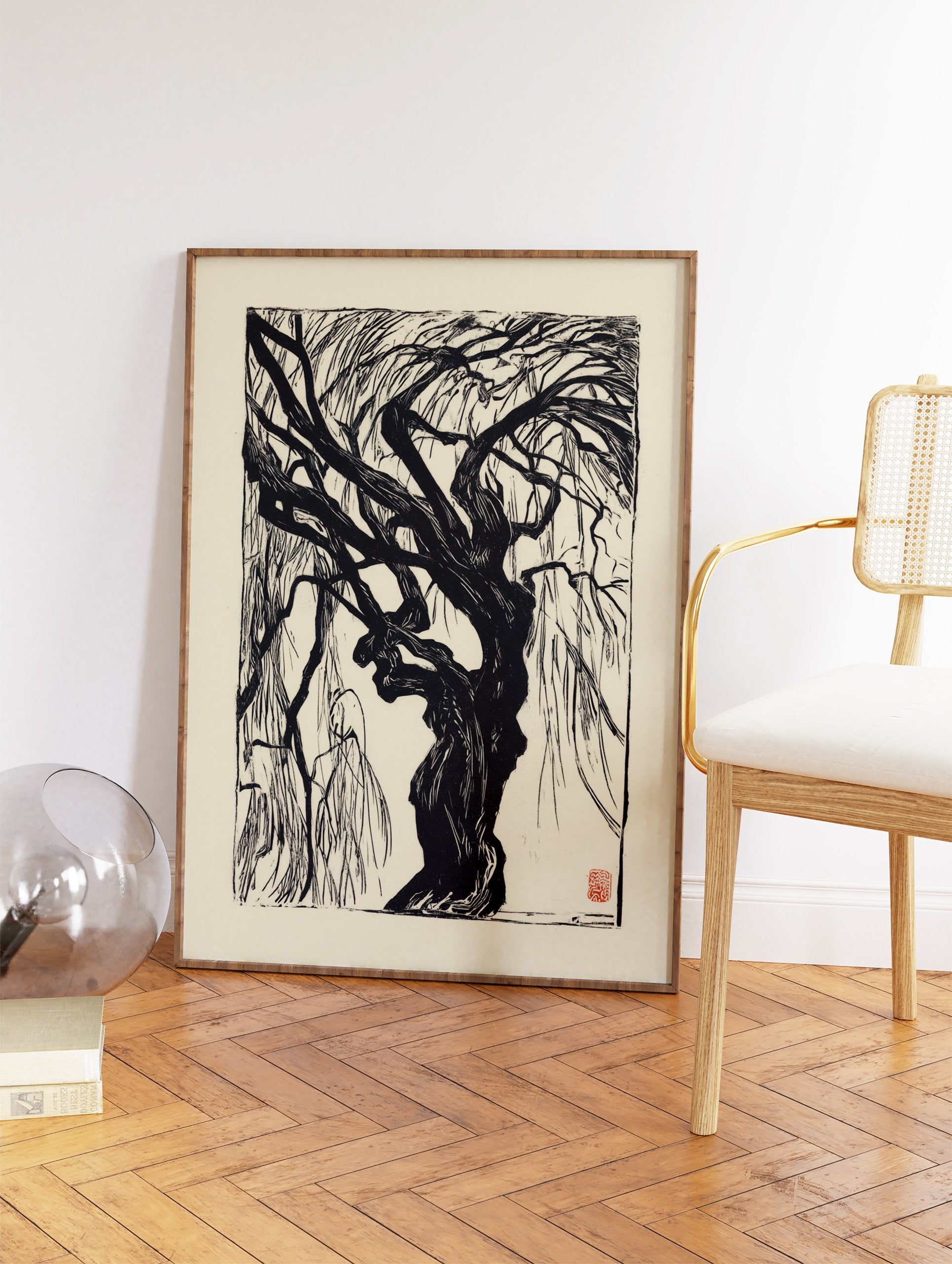 Black and white woodcut print of a gnarled weeping willow tree. Dramatic botanical tree wall art on a light background. - Image 2