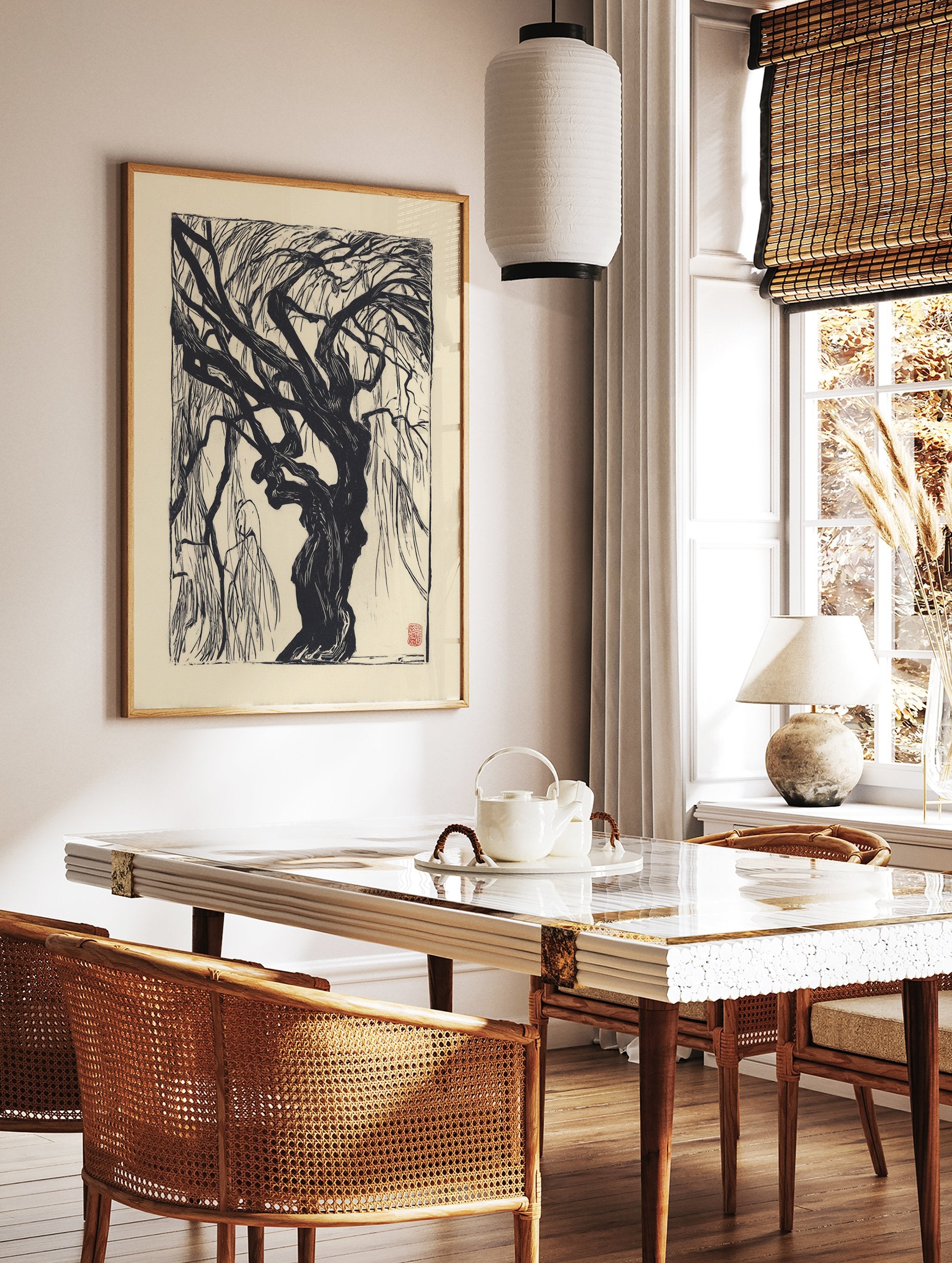 Black and white woodcut print of a gnarled weeping willow tree. Dramatic botanical tree wall art on a light background. - Image 3