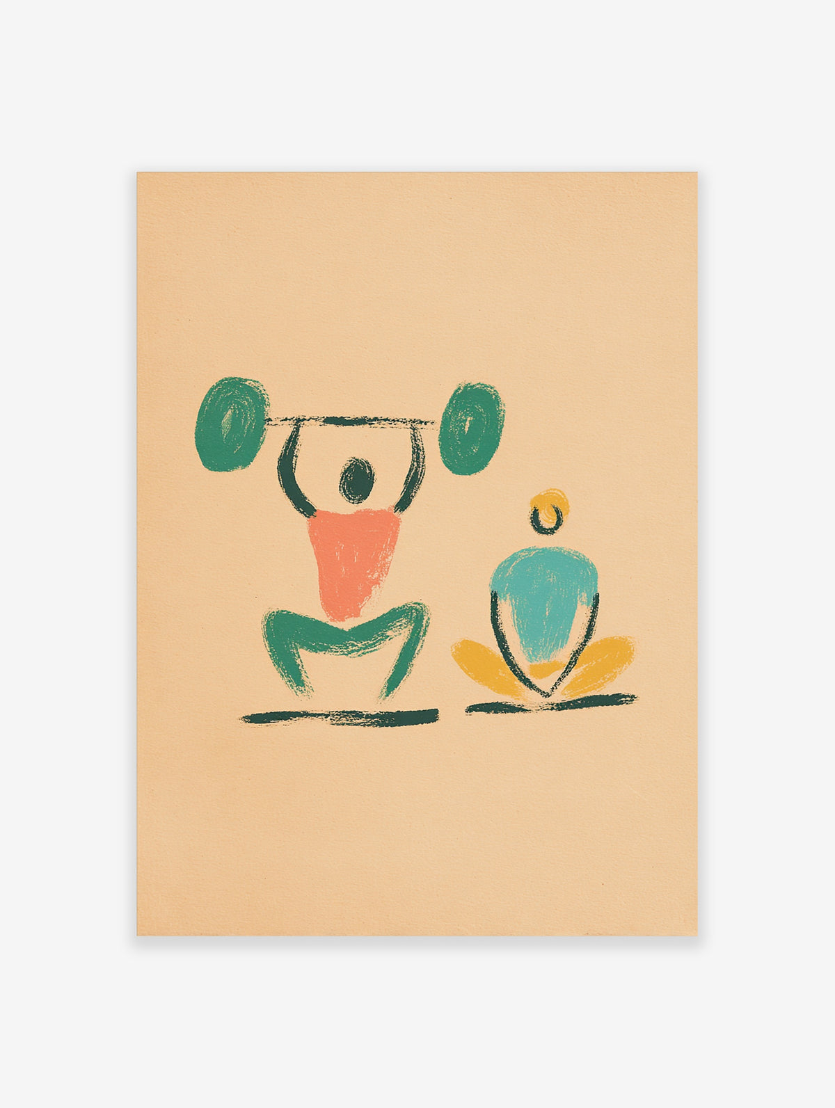 Minimalist fitness poster with weightlifter and yoga pose in green, coral, blue, yellow on beige background