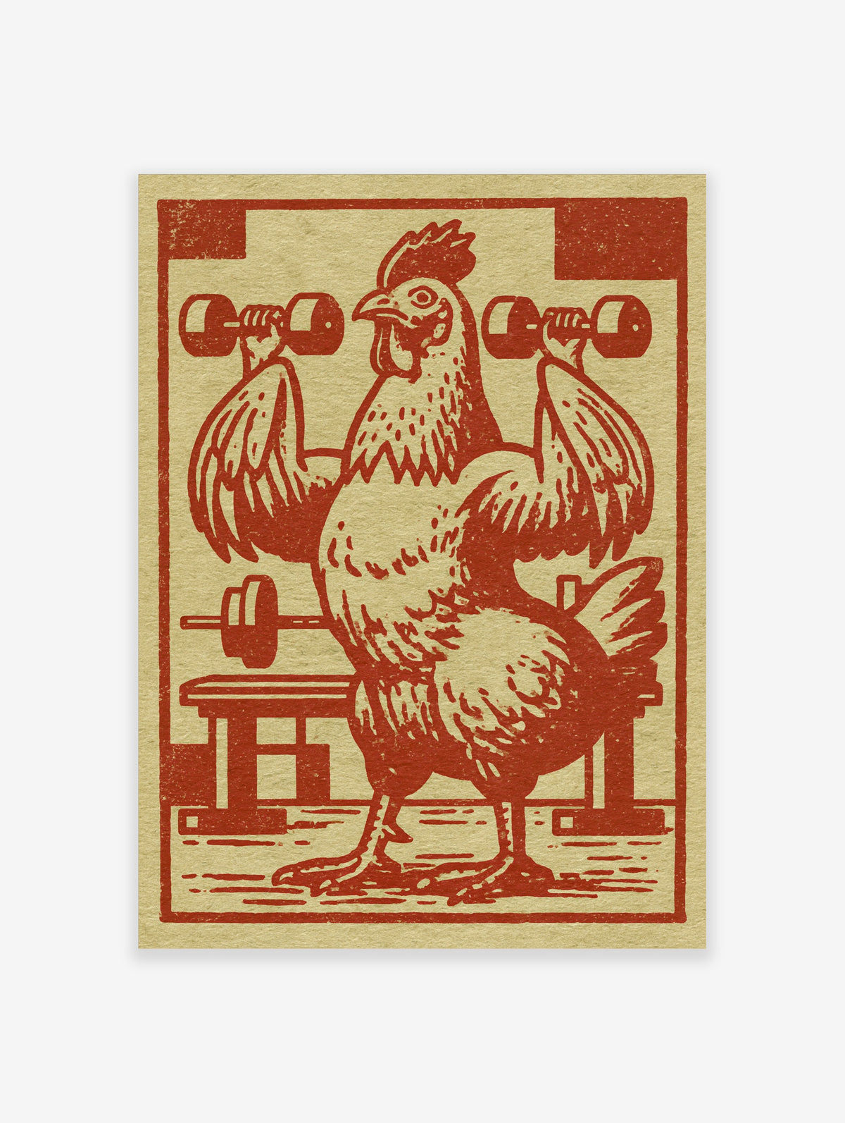 Red rooster lifting dumbbells in a retro block-print style on a beige background