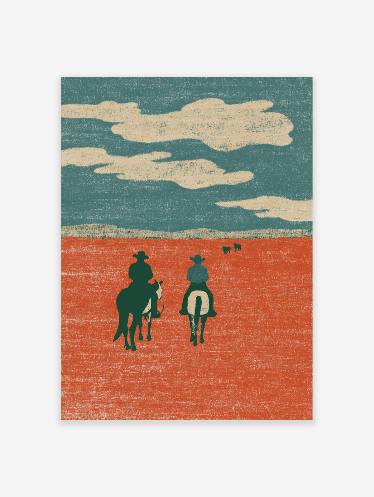 Western cowboy poster of two riders on horseback crossing an orange desert plain under a teal sky with cream clouds