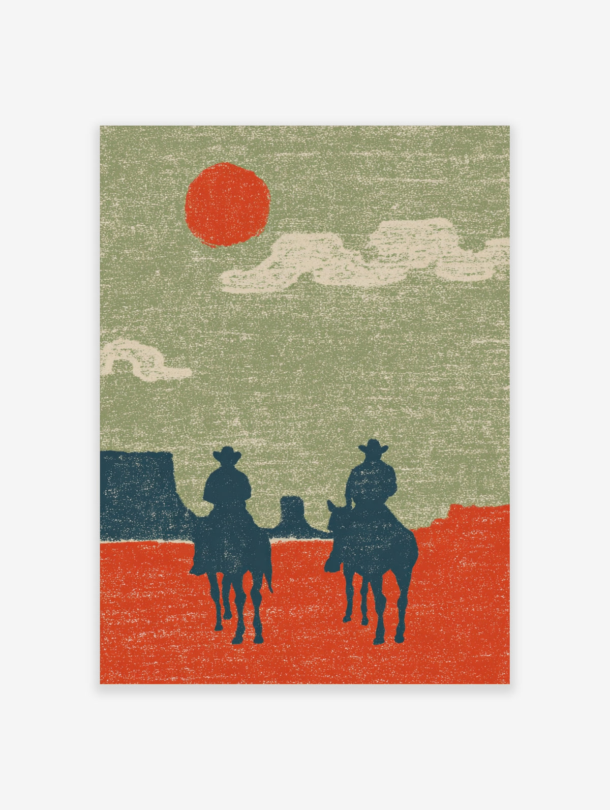 Western cowboy poster with two silhouetted riders on horseback, red sun, and desert buttes