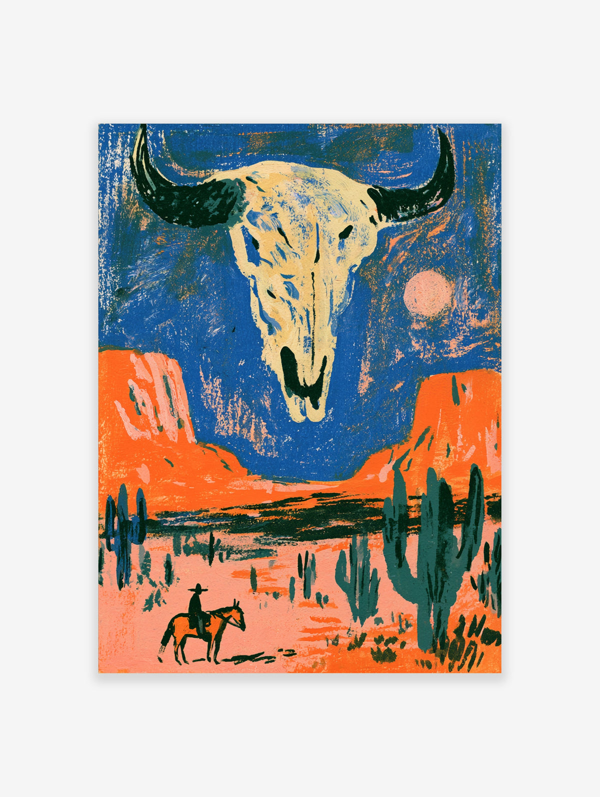 Western cowboy skull poster with floating horned skull, desert mesas, cacti, and a lone rider on horseback