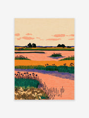 Stylized wetland landscape wall art with orange water, green reeds, dark trees, and a peach sky with pink clouds.