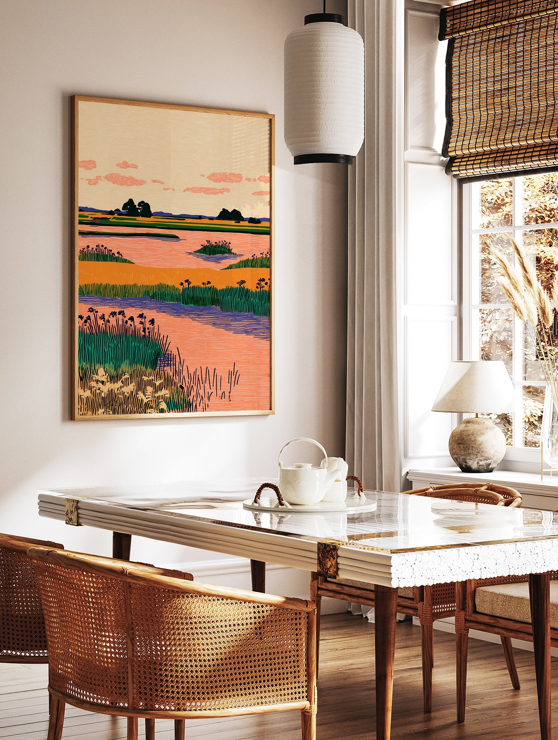 Stylized wetland landscape wall art with orange water, green reeds, dark trees, and a peach sky with pink clouds. - Image 2