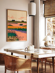 Stylized wetland landscape wall art with orange water, green reeds, dark trees, and a peach sky with pink clouds. - Image 2