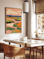 Illustrative wetlands landscape wall art print with peach sky, blue mountains, and vibrant green and orange marsh grasses. - Image 2