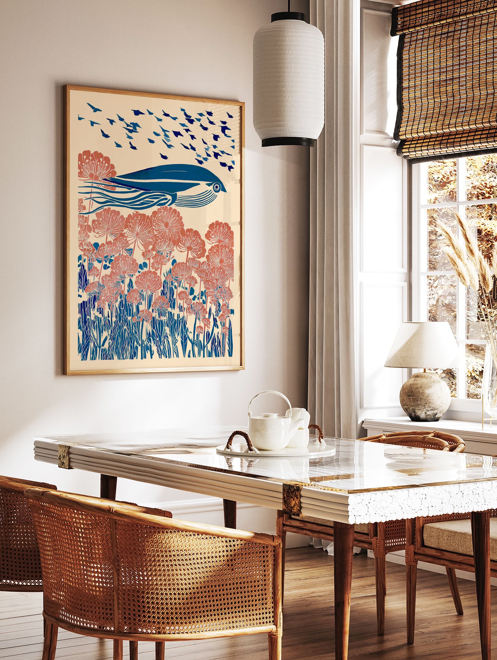 Blue whale swimming over coral flowers and blue foliage with birds in the sky, illustrative wall art - Image 2