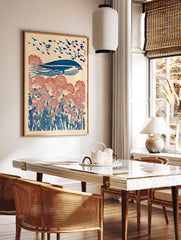 Blue whale swimming over coral flowers and blue foliage with birds in the sky, illustrative wall art - Image 2
