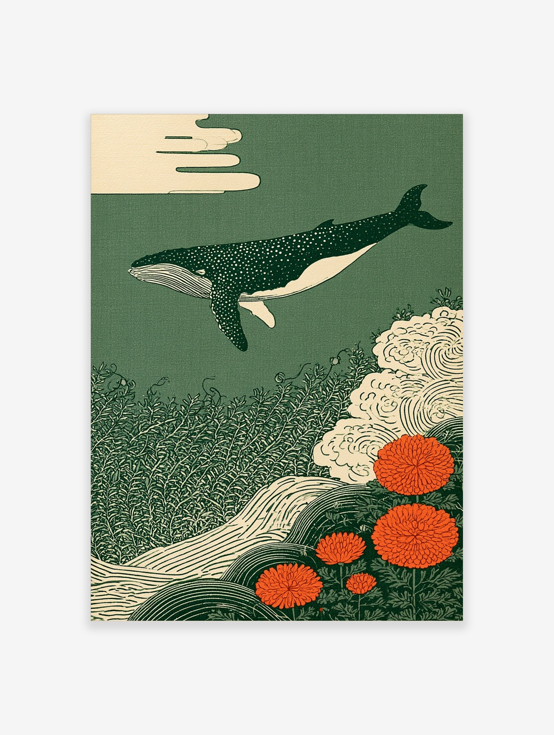 Japanese style art print of a spotted whale swimming above seaweed and orange chrysanthemum flowers on a green background