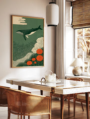 Japanese style art print of a spotted whale swimming above seaweed and orange chrysanthemum flowers, in a styled room mockup