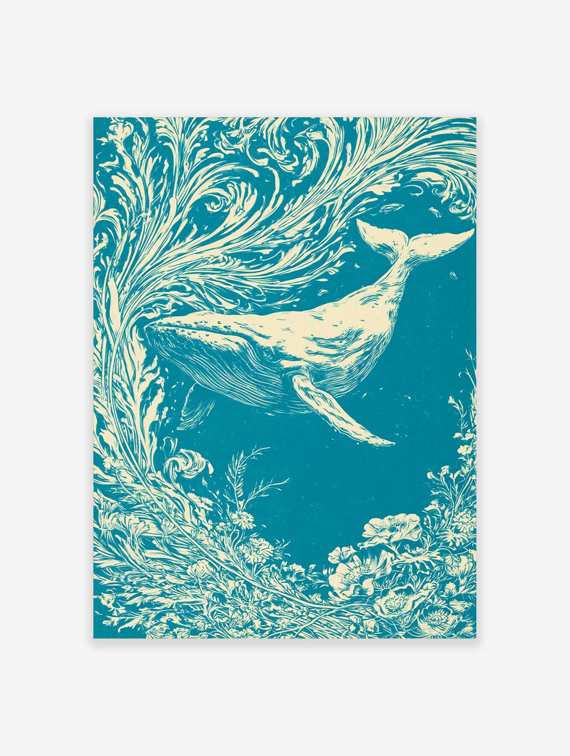 Illustrative whale swimming through swirling floral currents in teal and cream, nature-inspired wall art print
