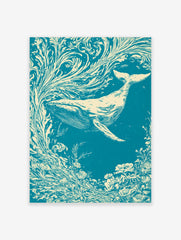 Illustrative whale swimming through swirling floral currents in teal and cream, nature-inspired wall art print