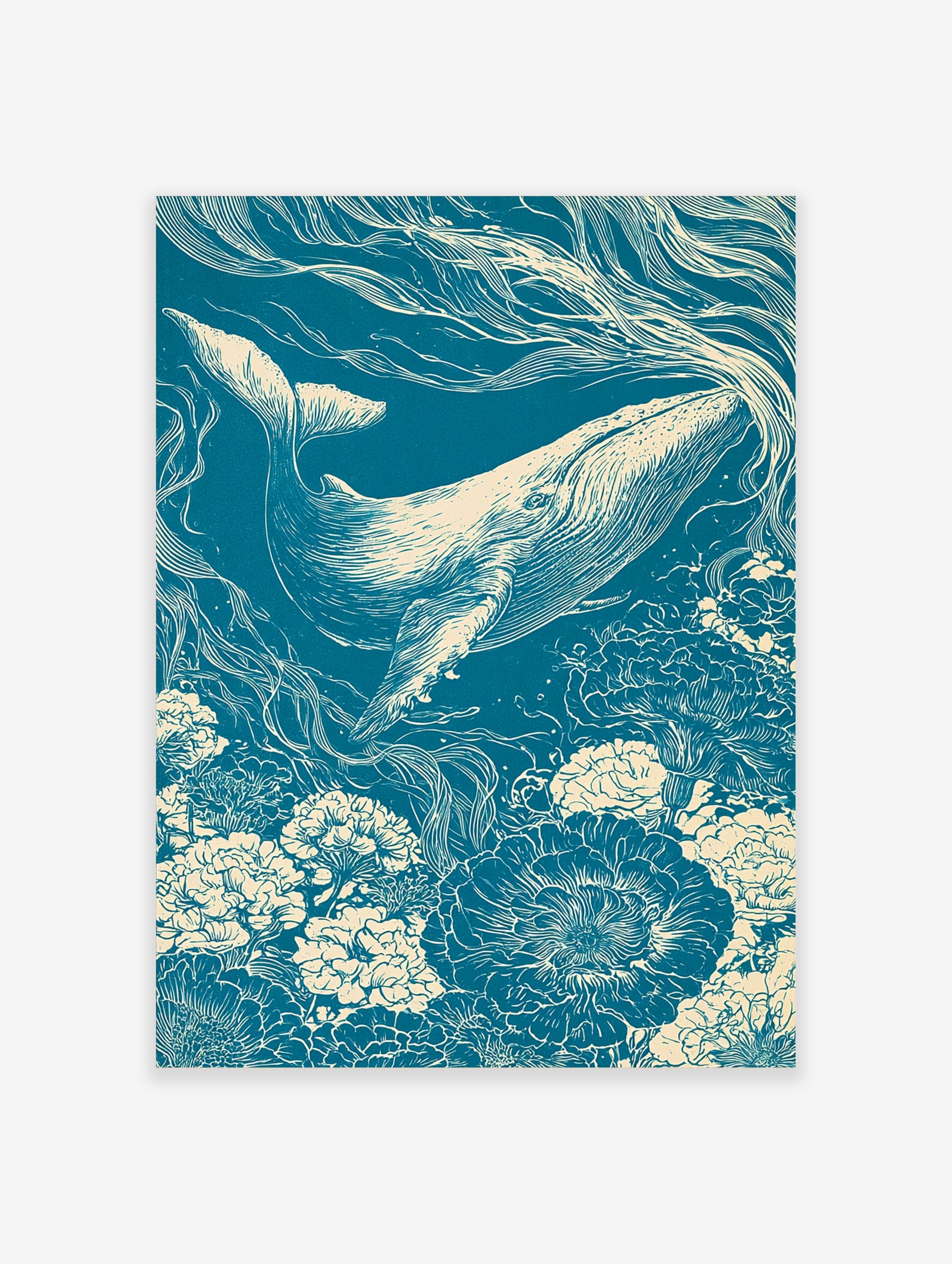 Linocut-style illustration of a whale swimming through a field of flowers in teal and cream tones
