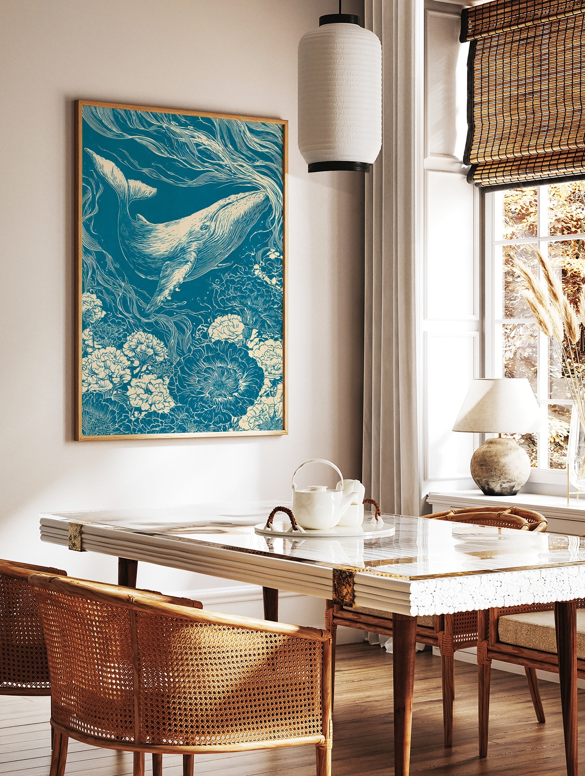 Linocut-style illustration of a whale swimming through a field of flowers in teal and cream tones, in a styled room mockup