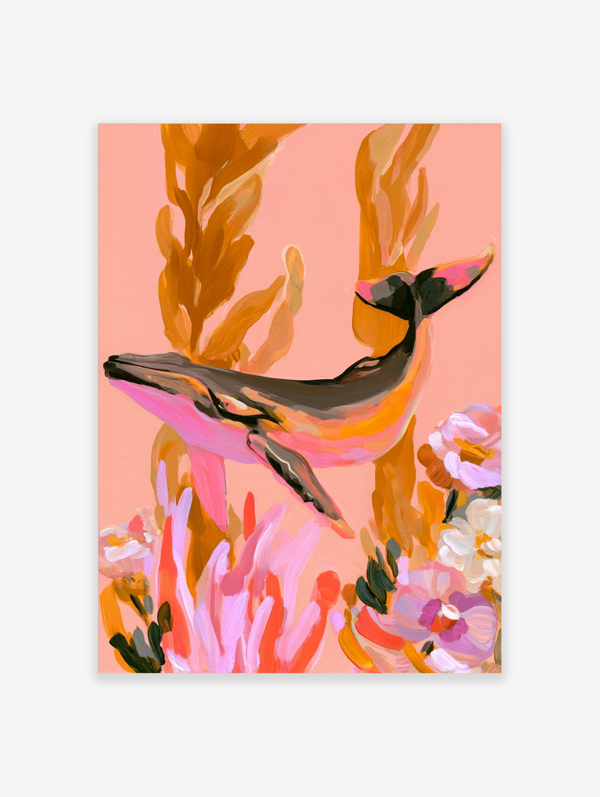 Painterly whale illustration swimming among seaweed and flowers in pink and orange tones, wall art print